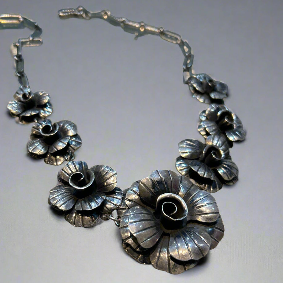 Mexican Rose Flower Sterling Silver Necklace by Federico Jimenez