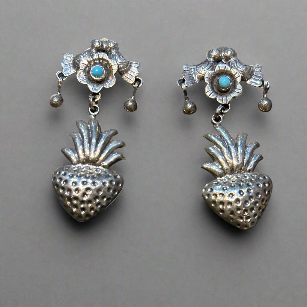 Mexican Earrings Alebrije Style Heart Shaped, Gold & Red