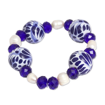 Mexican Cultured Pearl and Ceramic Beaded Blue Celebration Stretch Bracelet