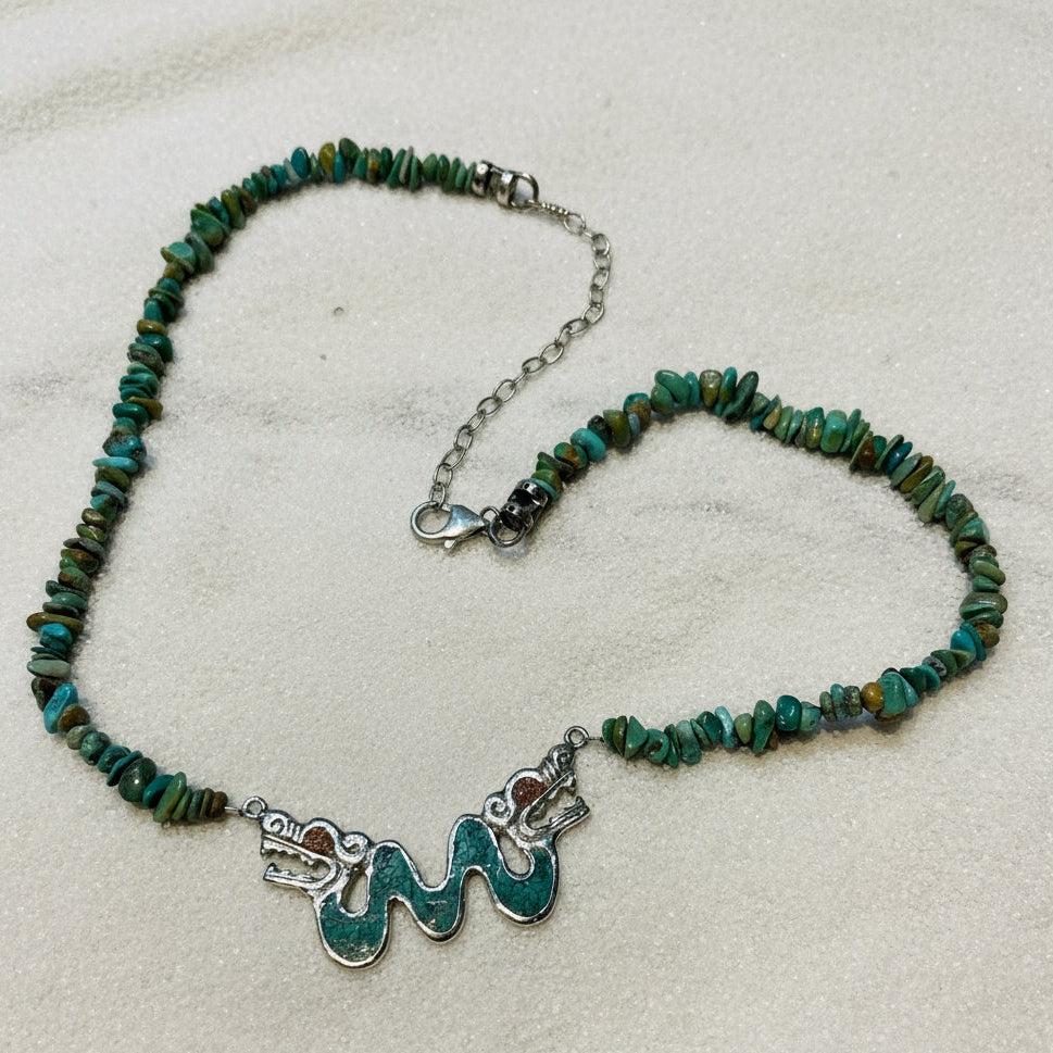Turquoise and Coral Double Quetzalcoatl Necklace by Benito Campos Sandoval