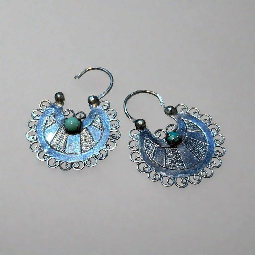 Mexican SS Small Hoop Turquoise Stone Earrings