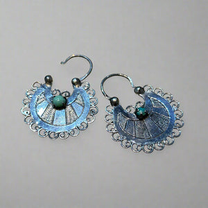 Mexican SS Small Hoop Turquoise Stone Earrings