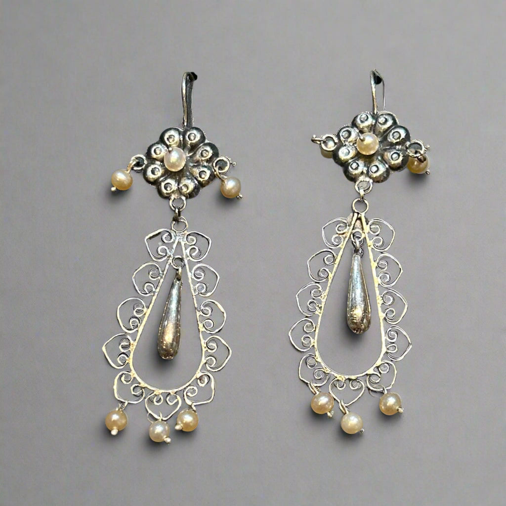 Mexican Sterling Silver Flower Drop Dangle Earrings by Federico Jimenez