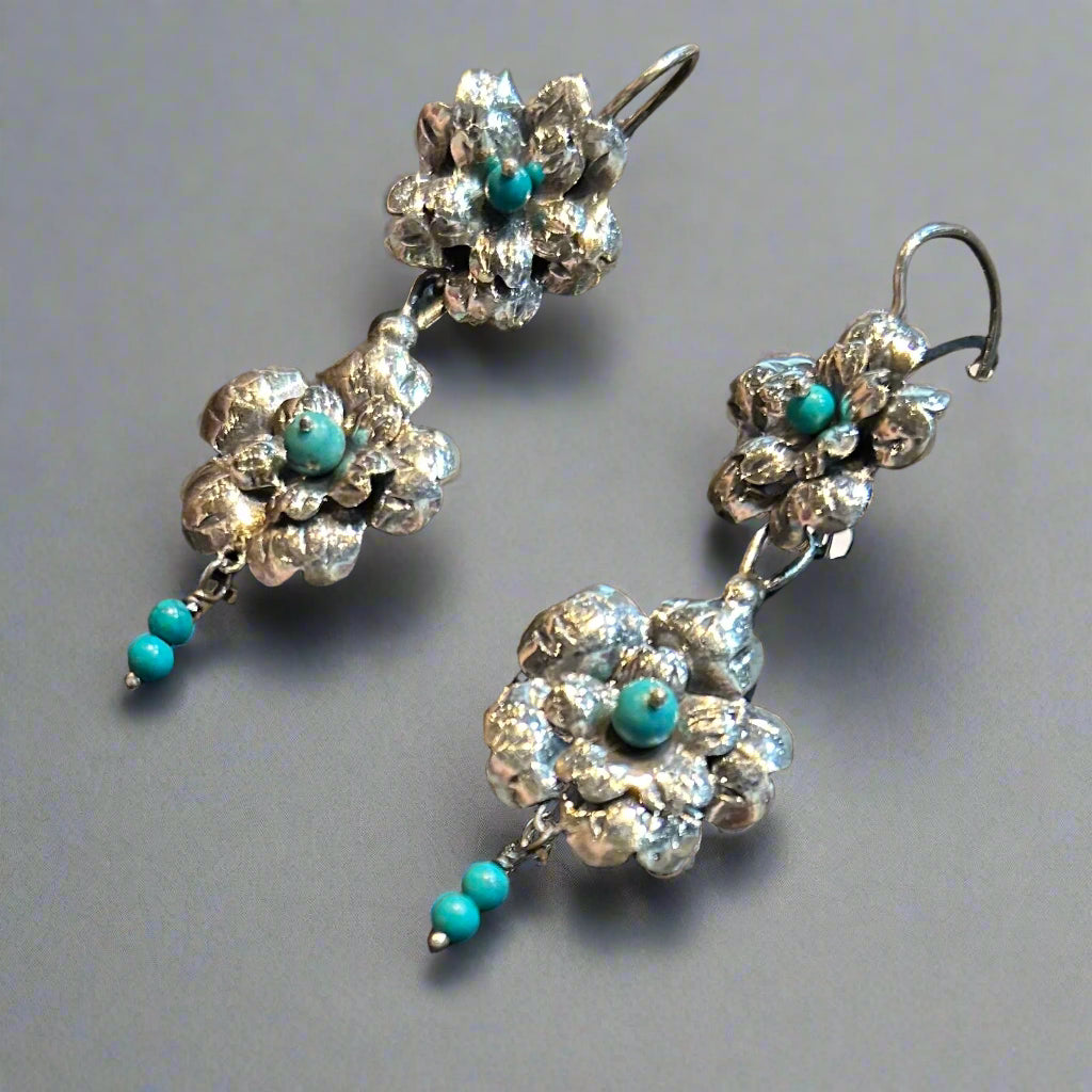 Mexican Turquoise Double Flower Drop Earrings by Federico Jimenez