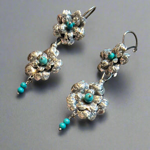 Mexican Turquoise Double Flower Drop Earrings by Federico Jimenez