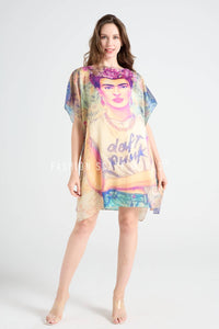 Modern Frida Kahlo Silk Cover Up: Multi