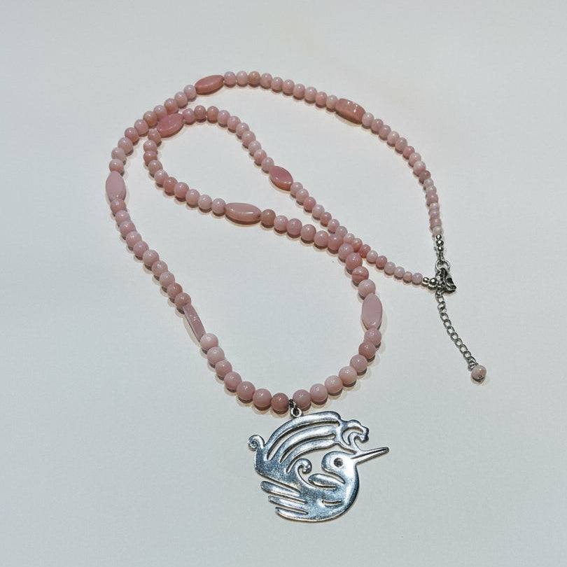 Singing Chuparosa with Pink Tourmaline cabochon on Peruvian Pink Opal Necklace - Doreen Villanueva