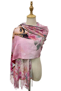 Frida Kahlo Floral Portrait Print Wool Tassel Scarf: Pink