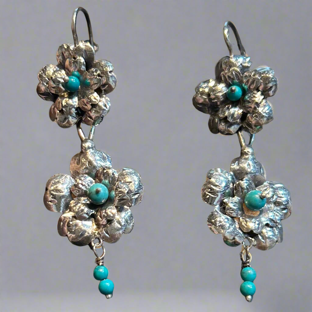 Mexican Turquoise Double Flower Drop Earrings by Federico Jimenez