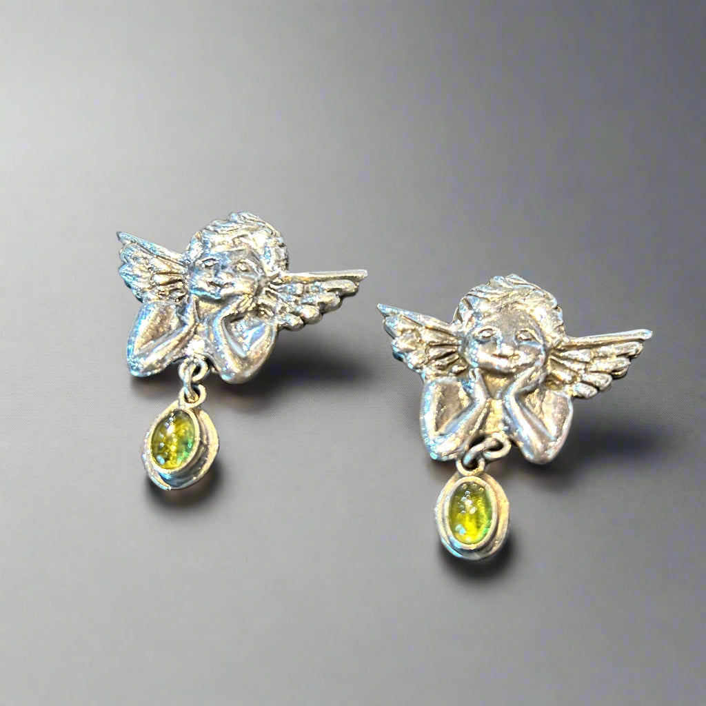Mexican Peridot Drop Cherub Clip-on Earrings by Federico Jimenez