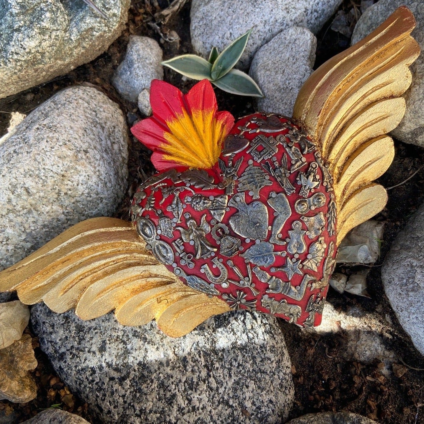 Mexican Sacred Heart with Wings and Milagros