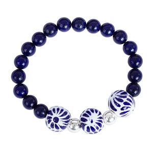Mexican Lapis Lazuli and Ceramic Indigo Garden Stretch Bracelet