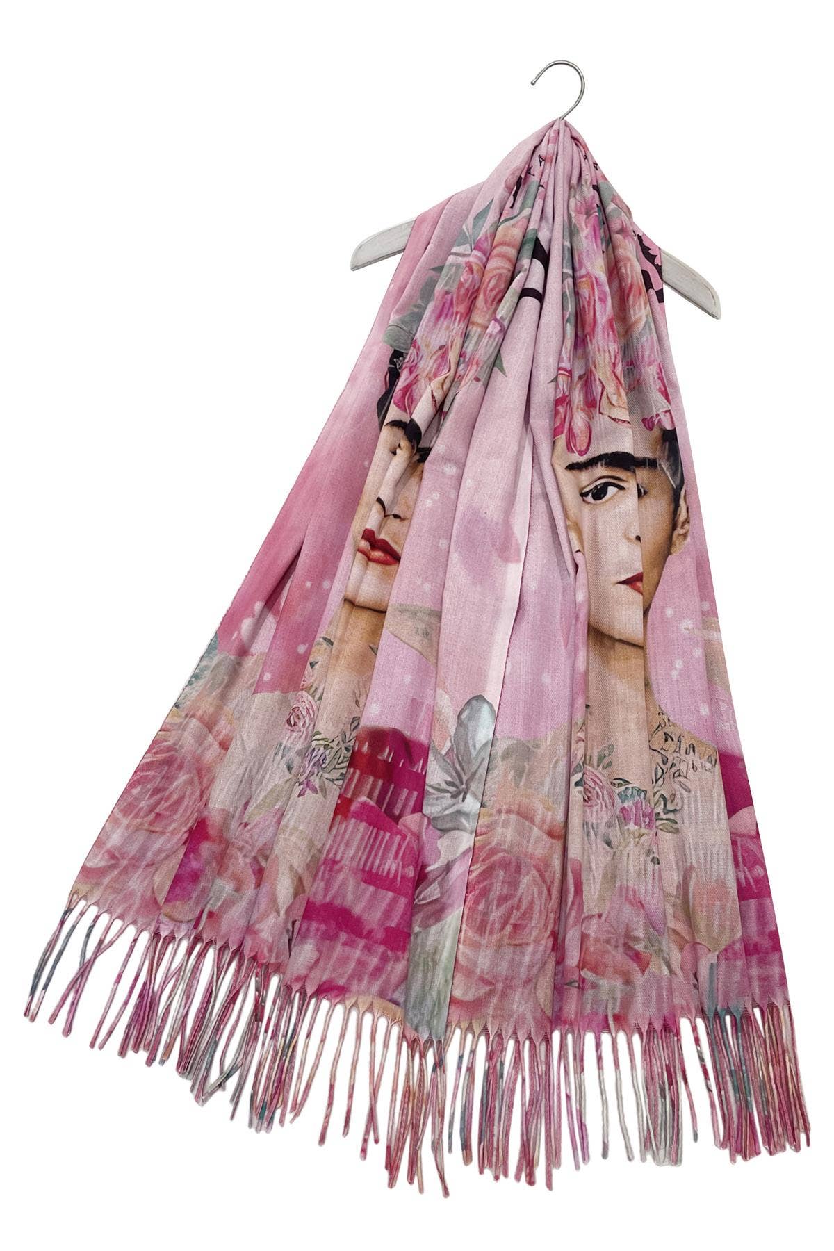 Frida Kahlo Floral Portrait Print Wool Tassel Scarf: Pink