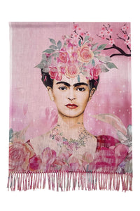 Frida Kahlo Floral Portrait Print Wool Tassel Scarf: Pink