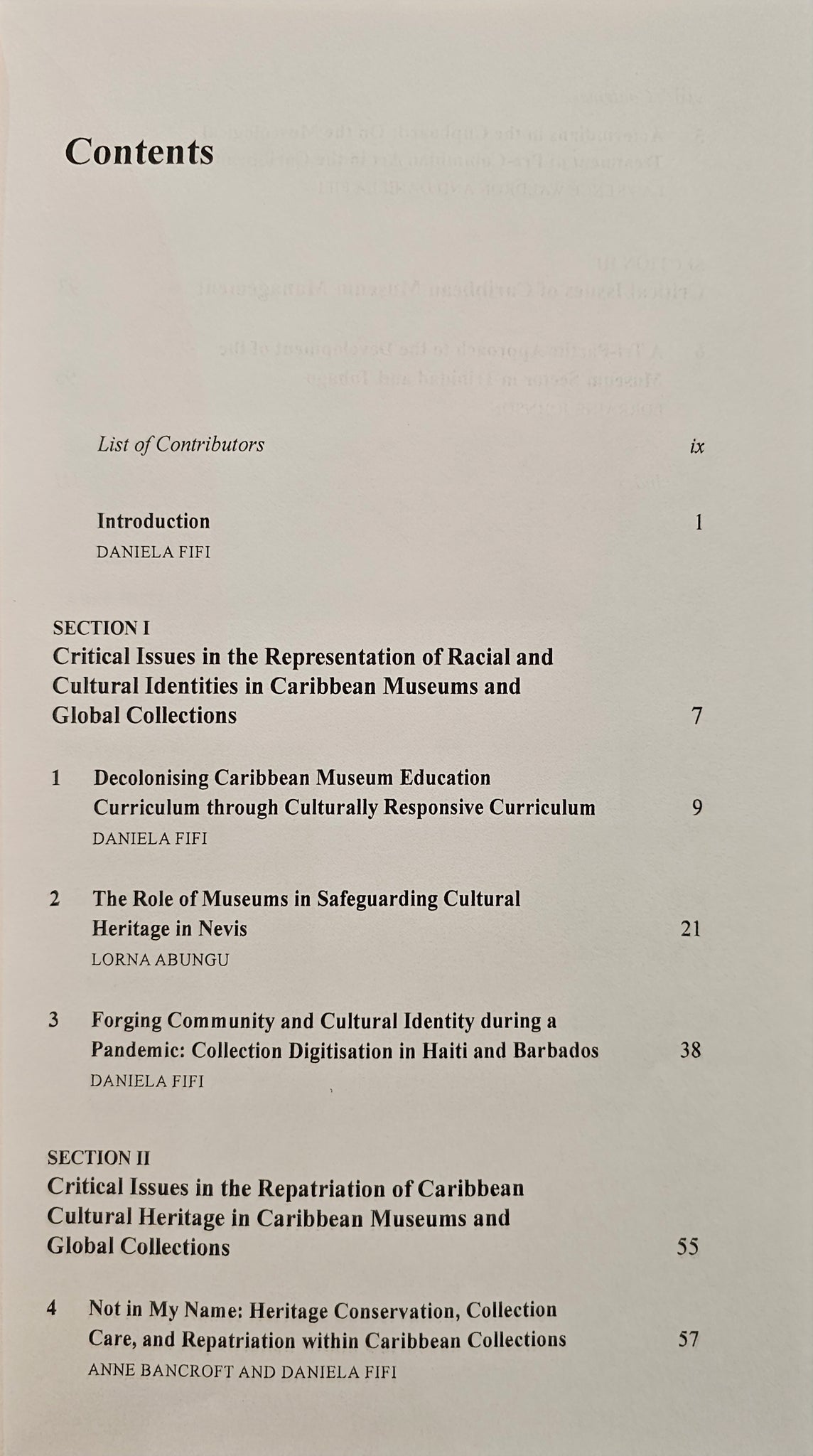 Table of content of the book "Critical Issues in Caribbean Museums"