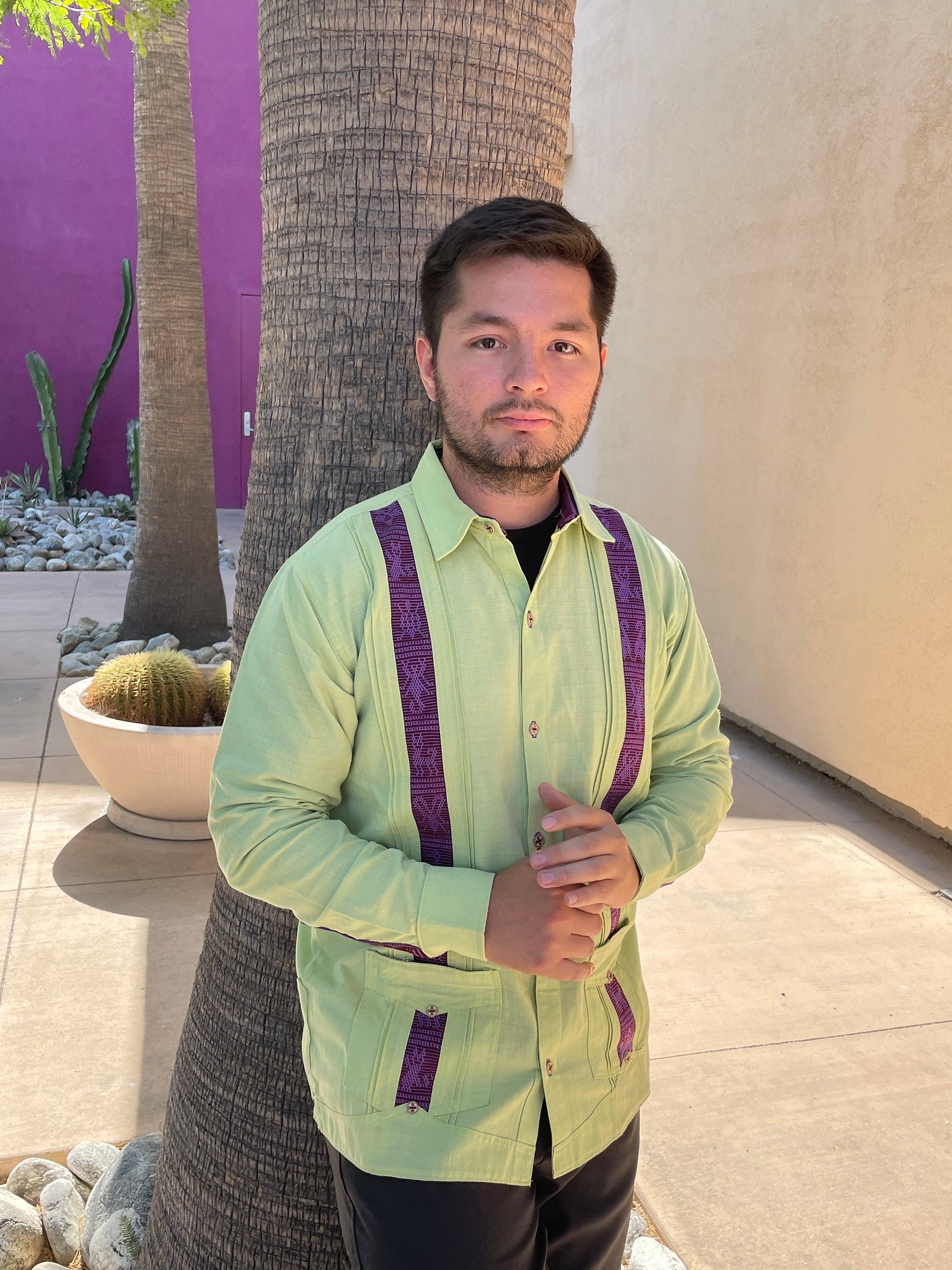 Mexican Long-Sleeve Embroidered Guayabera with Two Pockets