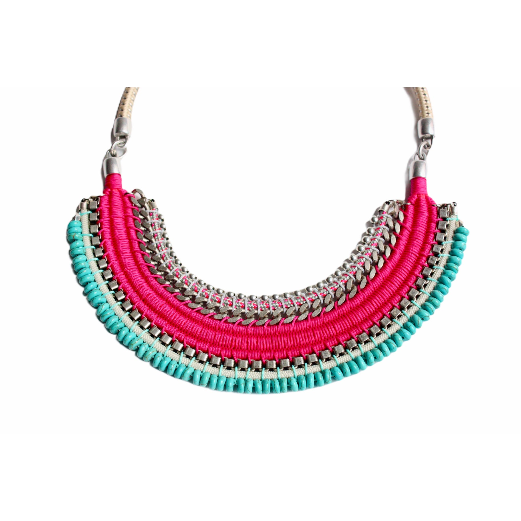 Colombian Designer SP Fuchsia Thread/Turquoise Beaded Bib Necklace