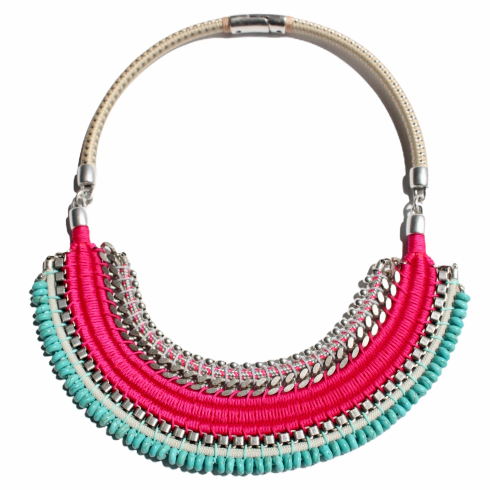 Colombian Designer SP Fuchsia Thread/Turquoise Beaded Bib Necklace