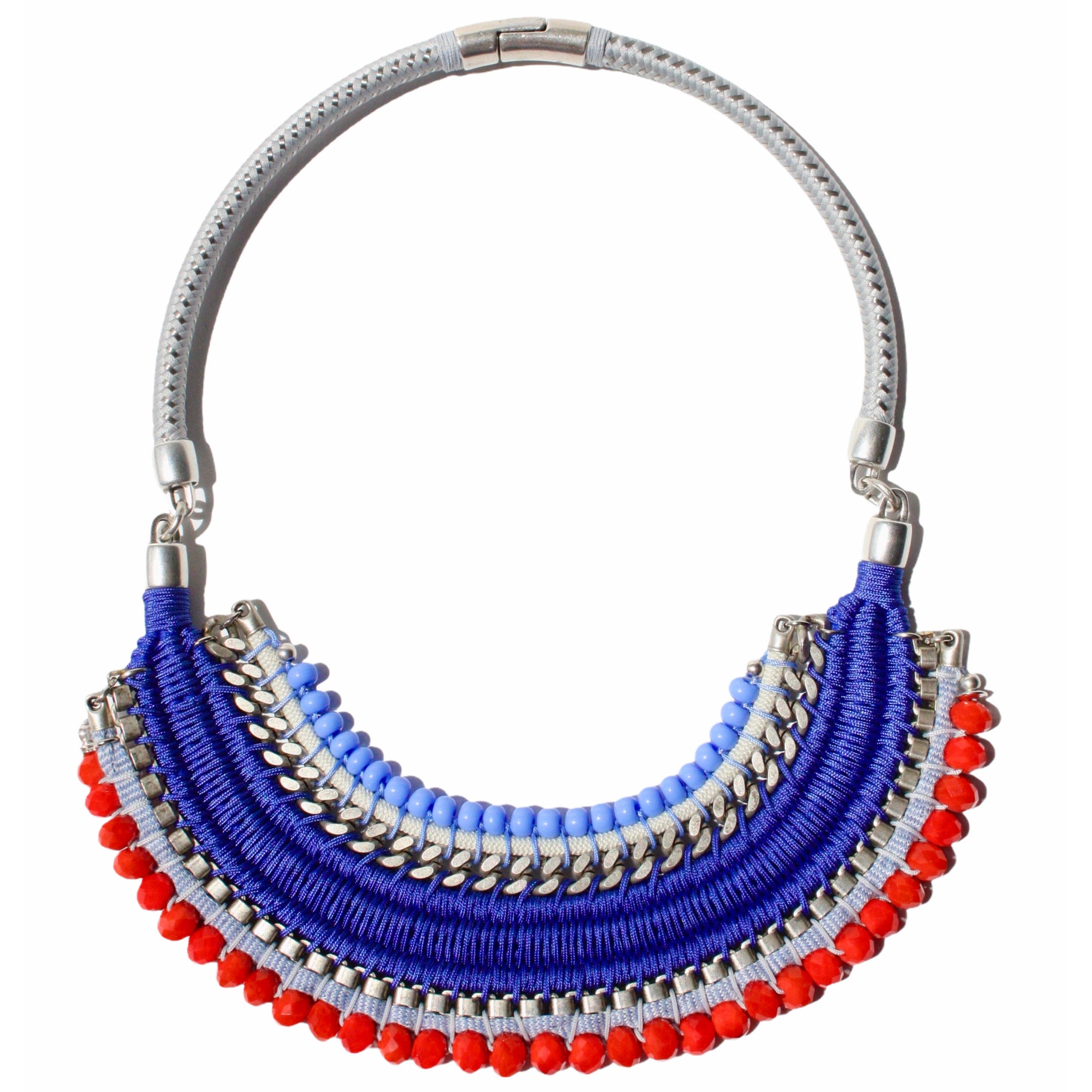 GUATAPÉ Colombian Designer SP Royal Blue Thread/Red Bead Bib Necklace
