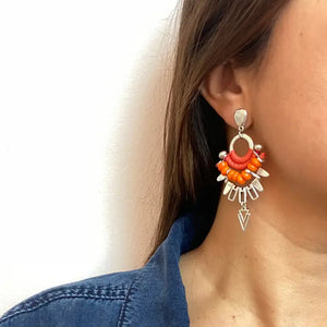 JARDIN Colombian Designer SP Coral Orange Thread/Bead Silver Dagger Pendant Earrings